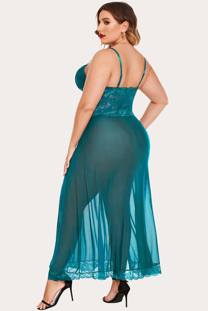 Plus Size Teal Nightdress. Lace bodice, sheer skirt, side slits. Sexy lingerie for curvy women.