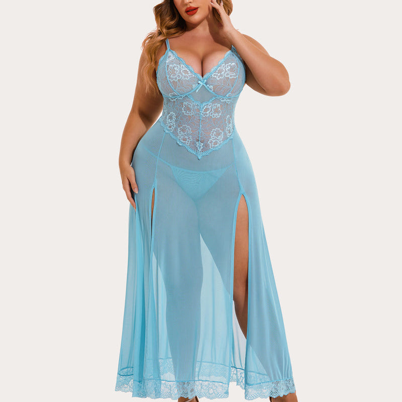 Plus size light blue nightdress, lace bodice, side slits. Sexy, flattering lingerie for curvy women.