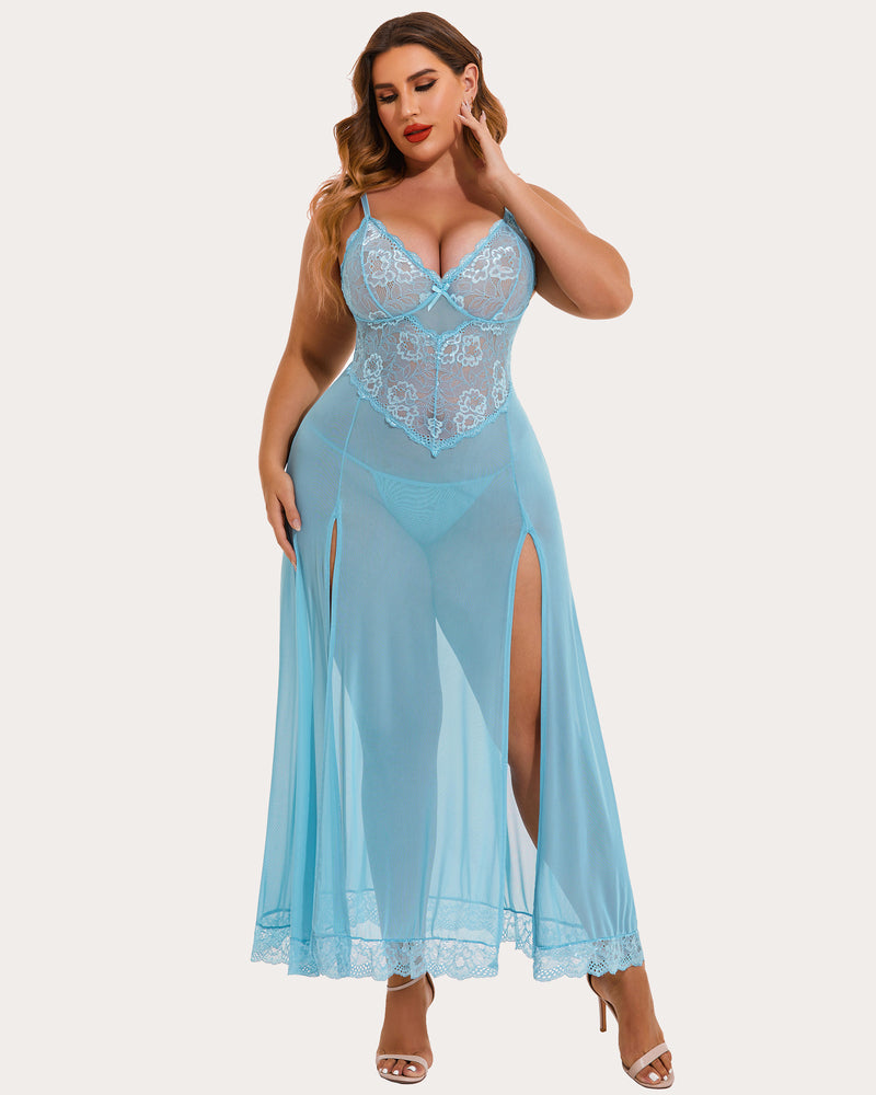 Plus size light blue nightdress, lace bodice, side slits. Sexy, flattering lingerie for curvy women.