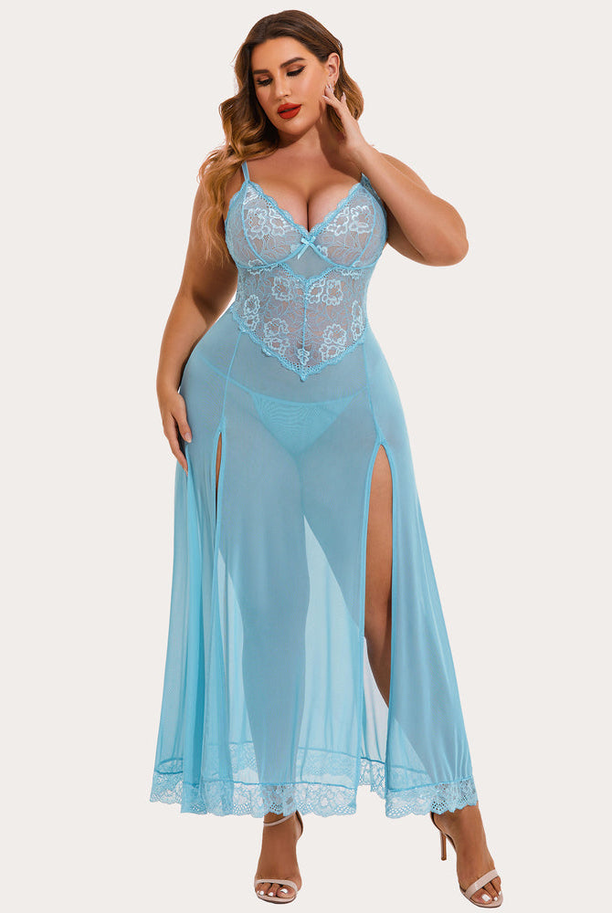 Plus size light blue mesh maxi dress with lace cups and side slits. Sexy lingerie