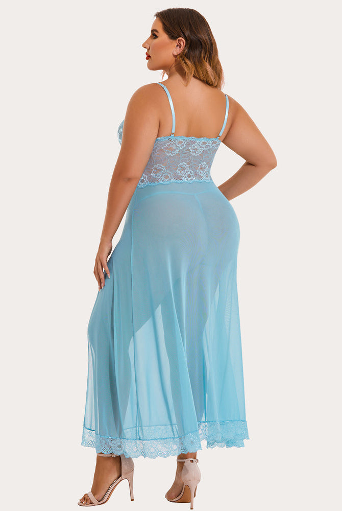 Light blue floral lace plus size nightdress with side slit for a confident and sexy look.