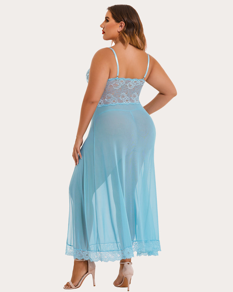 Light blue floral lace plus size nightdress with side slit for a confident and sexy look.