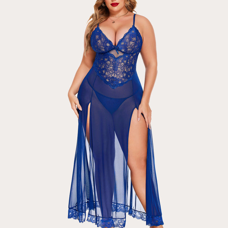 Plus size blue nightdress with lace bodice and side slits, perfect for a confident and sexy look.