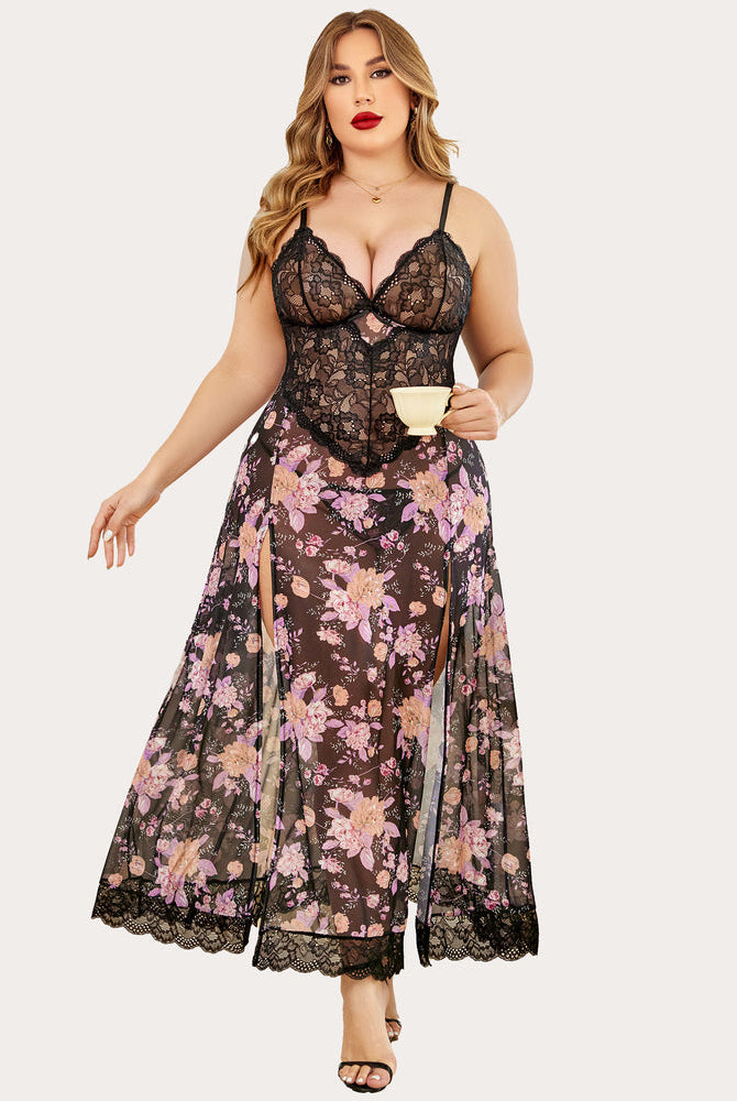 Plus size floral side slits nightdress with black lace top and sheer floral skirt