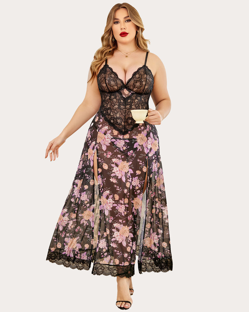 Plus size floral side slits nightdress with black lace top and sheer floral skirt