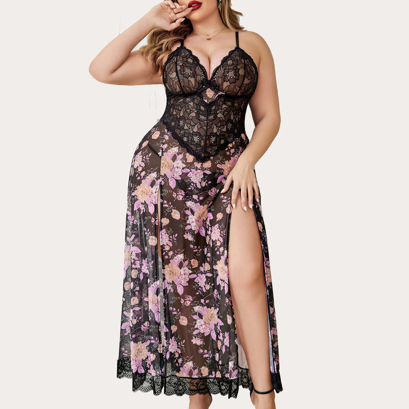 Plus Size Floral Side Slits Nightdress in Black Lace and Floral Print