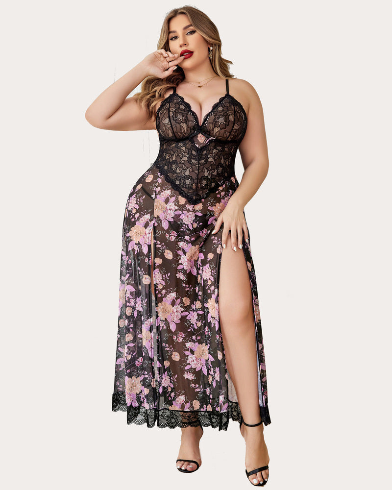 Plus Size Floral Side Slits Nightdress in Black Lace and Floral Print