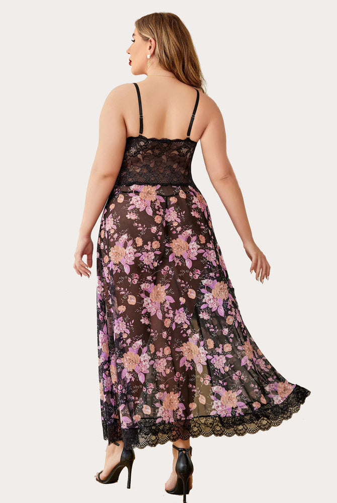 Plus size black floral nightdress with lace bodice and sheer floral skirt