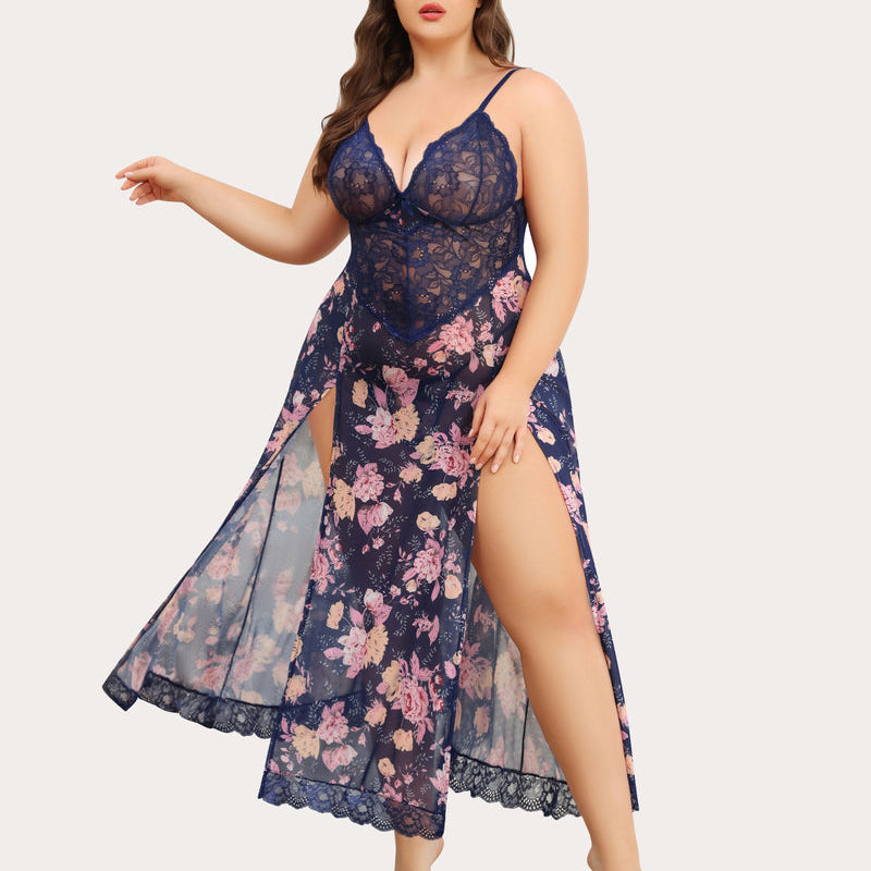 Plus size navy blue floral nightdress with lace bodice and side slits for women