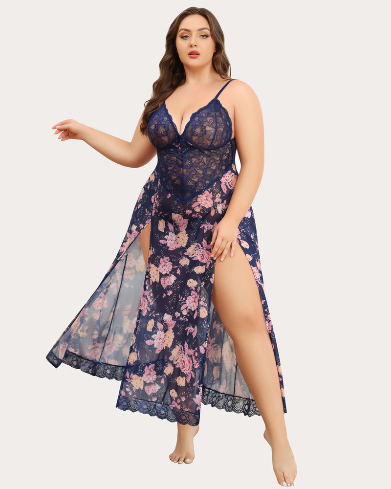 Plus size navy blue floral nightdress with lace bodice and side slits for women