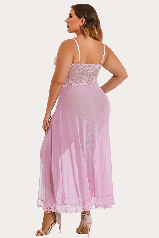 Plus size pink mesh maxi dress with lace cups and side slit. Sexy lingerie for confident women.