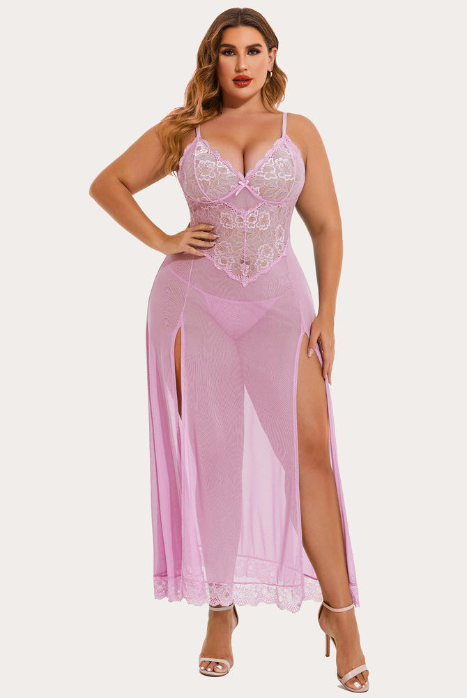 Plus size light purple mesh maxi dress with floral lace cups and side slits. Sexy lingerie