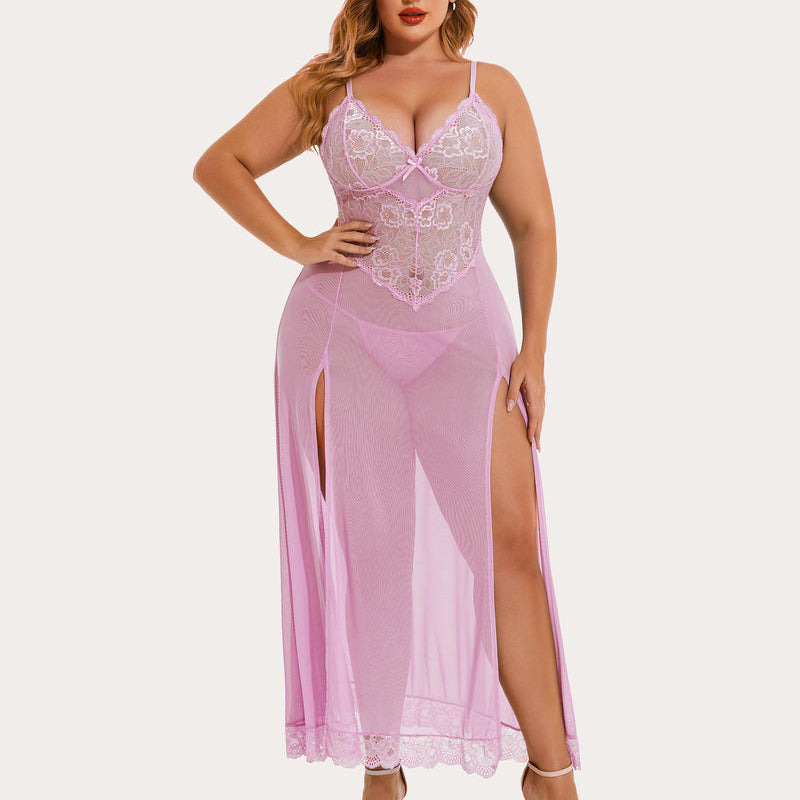 Plus size light purple mesh maxi dress with floral lace cups and side slits. Sexy lingerie