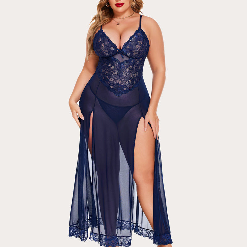 Plus Size Navy Blue Nightdress with Lace Bodice and Side Slits