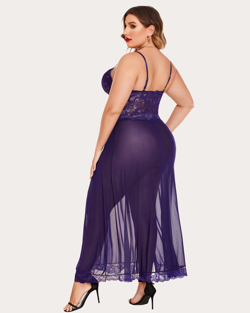 Plus size purple mesh maxi dress with lace cups and side slit. Sexy lingerie for confident women.