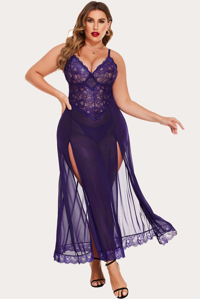 Plus Size Purple Lace Nightdress with Side Slits. Sexy lingerie for curvy women.