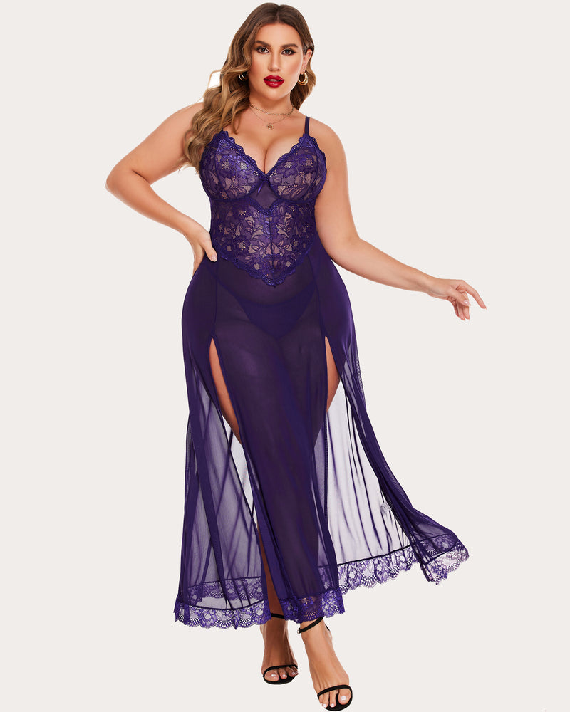 Plus size purple mesh maxi dress with lace cups and side slits. Sexy lingerie for women