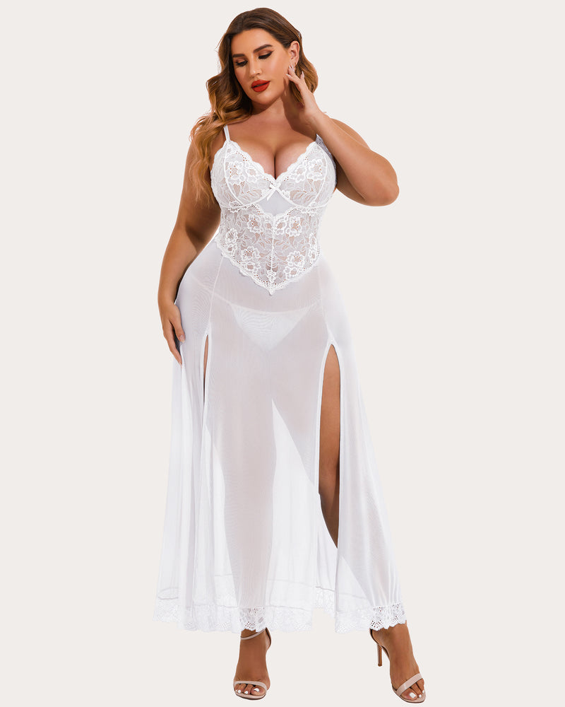 Plus size white nightdress, lace bodice, side slits. Sexy, flattering lingerie for curvy women.