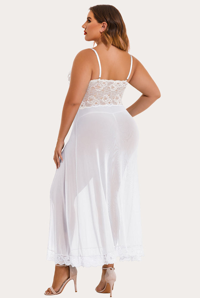 Plus size white floral lace nightdress with side slit, silky soft and comfortable