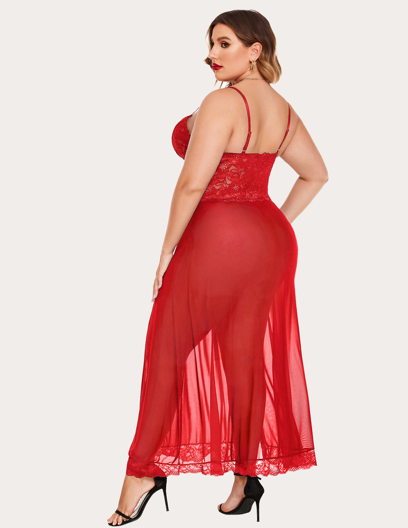 Plus size red mesh maxi dress with lace cups and side slit. Sexy lingerie for confident women.