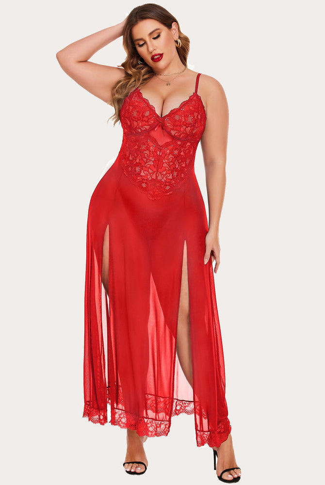 Plus size red lace nightdress with side slits. Sexy lingerie for curvy women