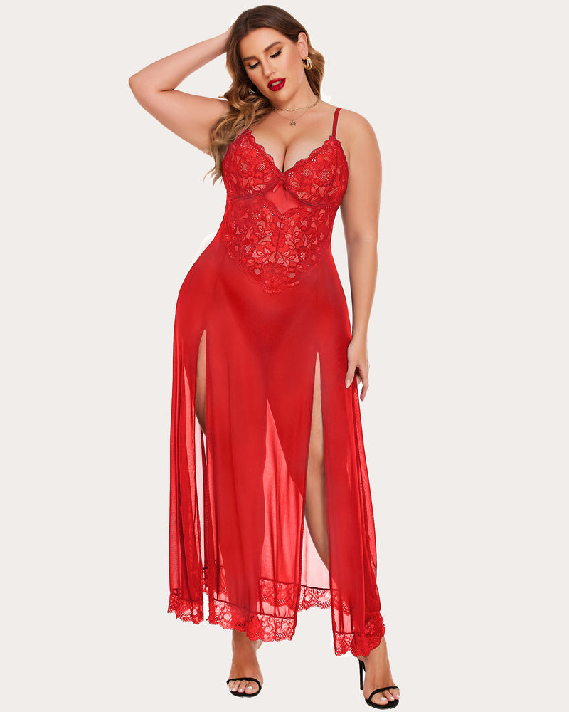 Plus size red lace nightdress with side slits. Sexy lingerie for curvy women