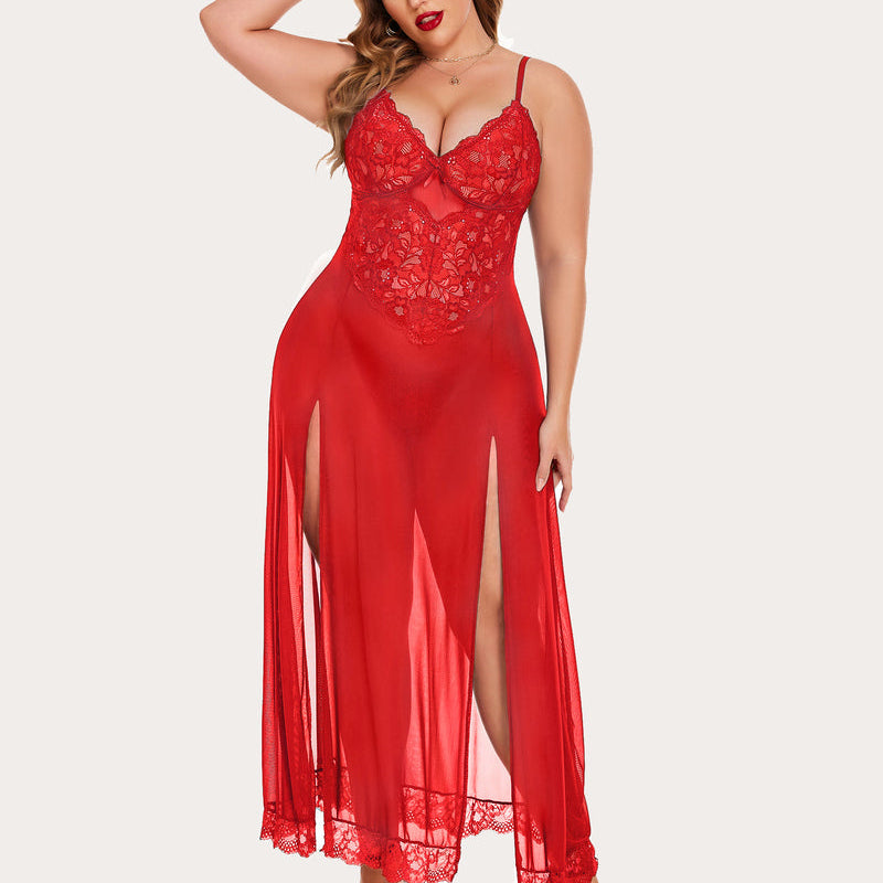 Red mesh maxi dress with lace cups and side slits. Sexy lingerie for confident women.