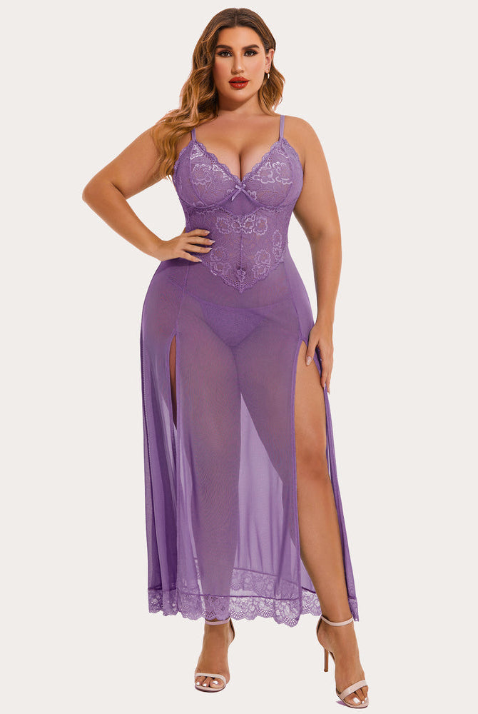 Plus size lavender mesh maxi dress with lace cups and side slits. Sexy lingerie for confident women
