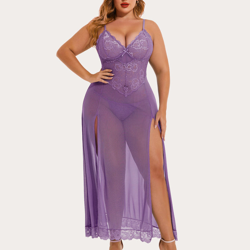 Plus size lavender mesh maxi dress with lace cups and side slits. Sexy lingerie for confident women
