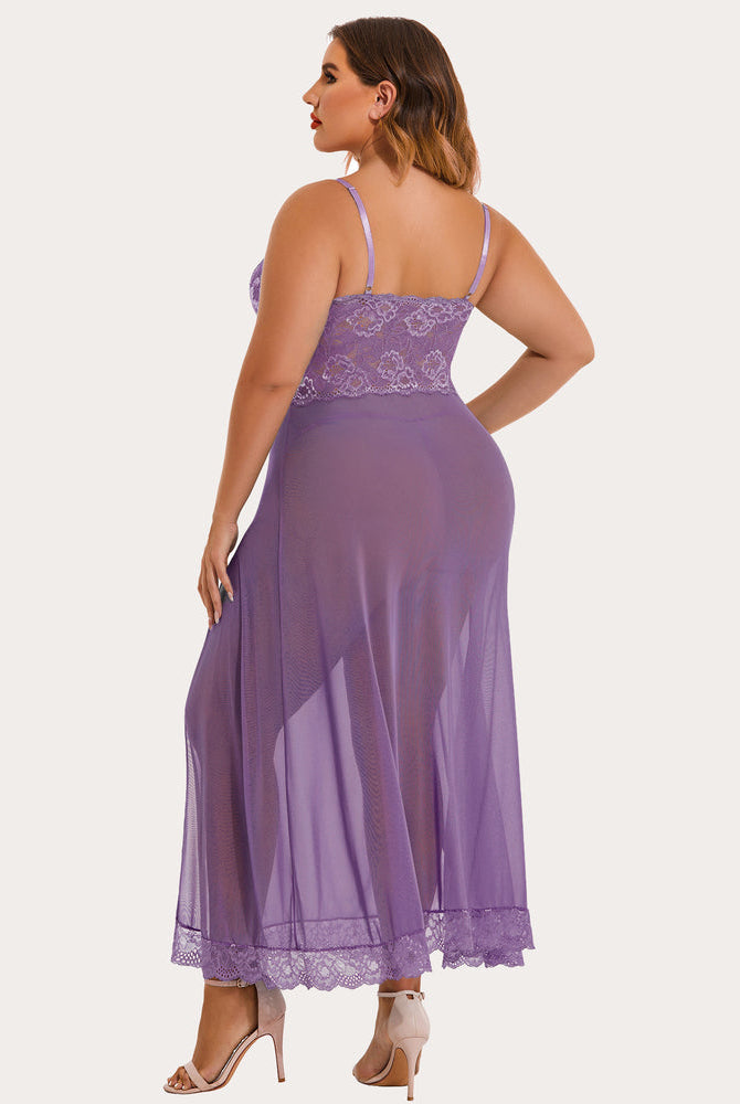 Plus size purple mesh maxi dress with lace cups and side slit. Sexy lingerie for women.