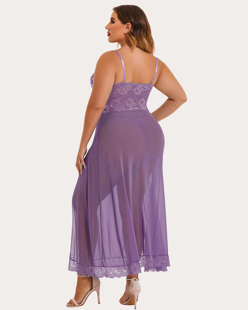 Plus size purple mesh maxi dress with lace cups and side slit. Sexy lingerie for women.