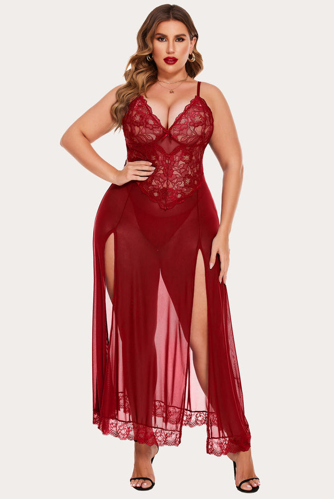Plus size burgundy mesh maxi dress with lace cups and side slits. Sexy lingerie.