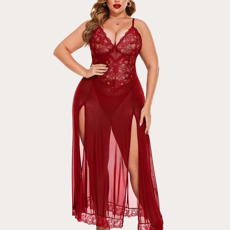 Plus size burgundy mesh maxi dress with lace cups and side slits. Sexy lingerie.