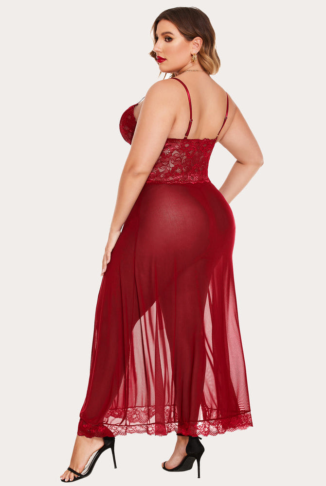 Burgundy plus size mesh maxi dress with lace cups, side slit, and adjustable straps. Sexy lingerie