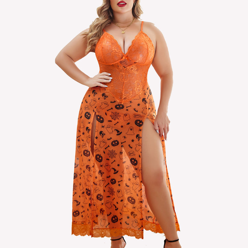 Plus Size Halloween Nightdress in Orange with Lace and Side Slit for a Curvy Figure, Sexy Lingerie.