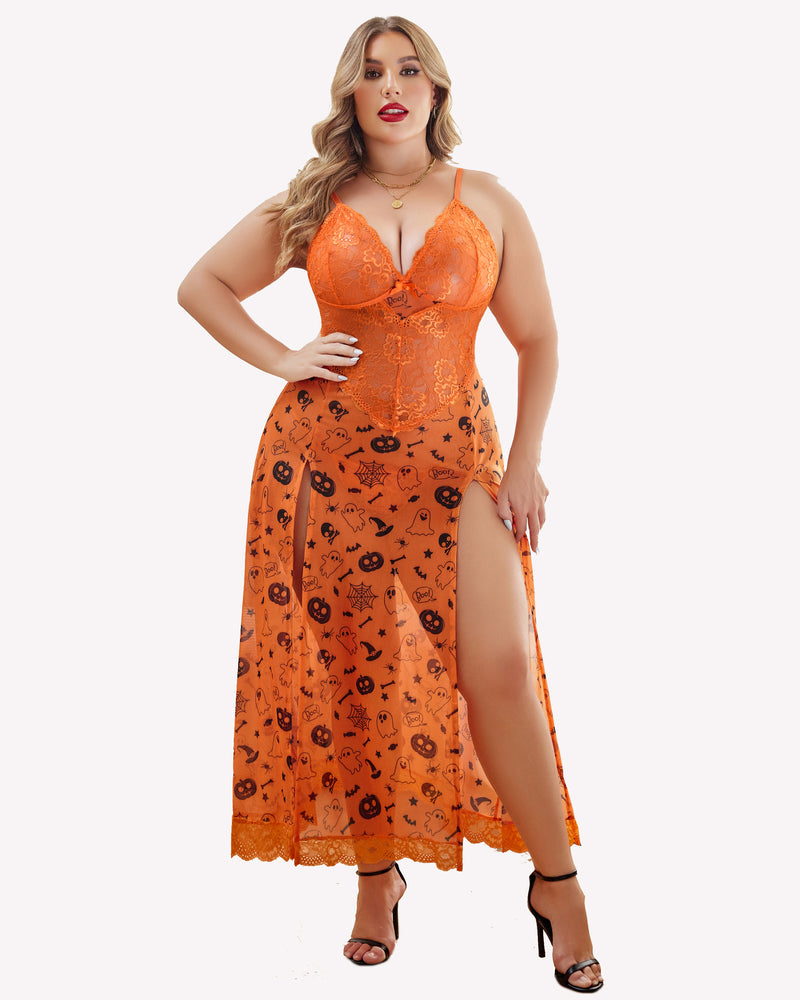 Plus Size Halloween Nightdress in Orange with Lace and Side Slit for a Curvy Figure, Sexy Lingerie.