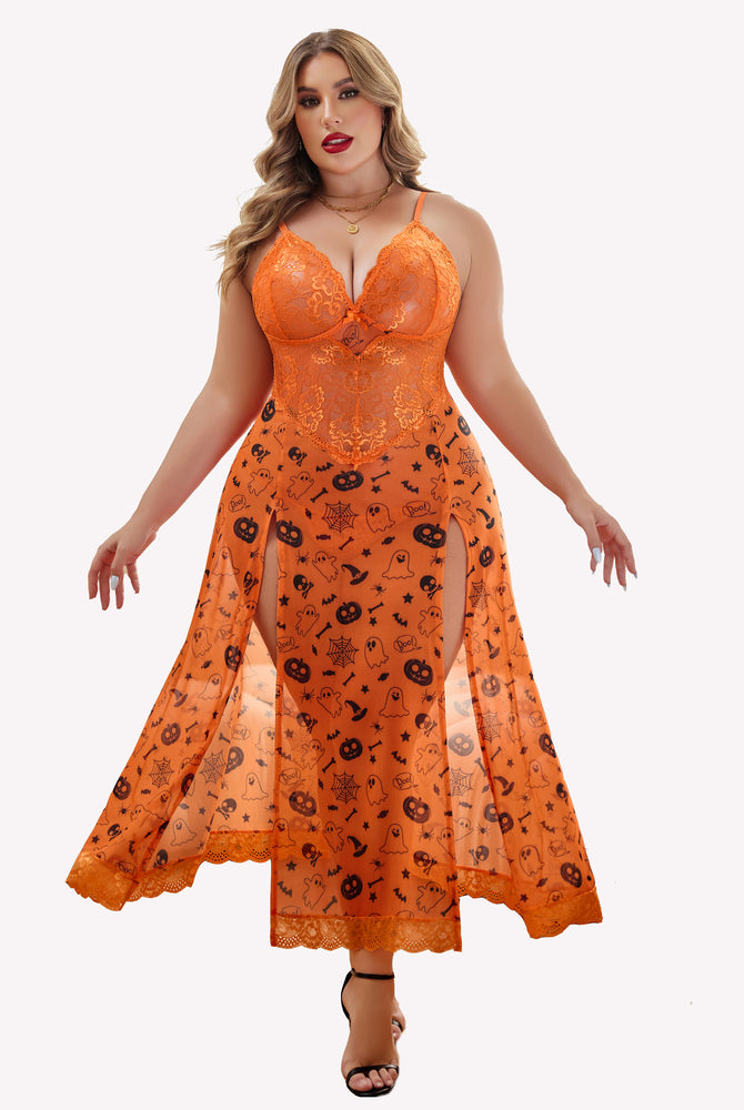 Halloween plus size nightdress: Orange lace, side slits, and Halloween print. Sexy curvy lingerie.