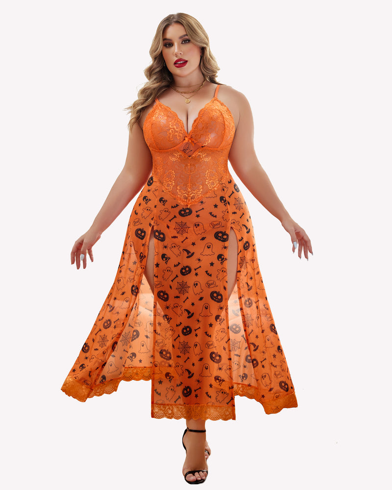 Halloween plus size nightdress: Orange lace, side slits, and Halloween print. Sexy curvy lingerie.