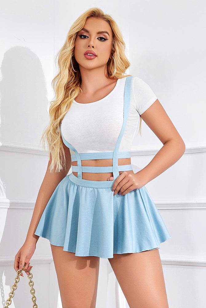 Avidlove A-line pleated skirt set: sexy light blue skirt and white top, suspenders, charming style