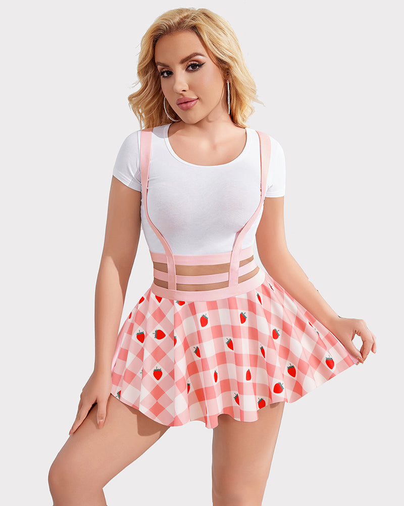 Strawberry print A-Line skirt. Pink checked mini skirt with suspenders. Cute and charming style.