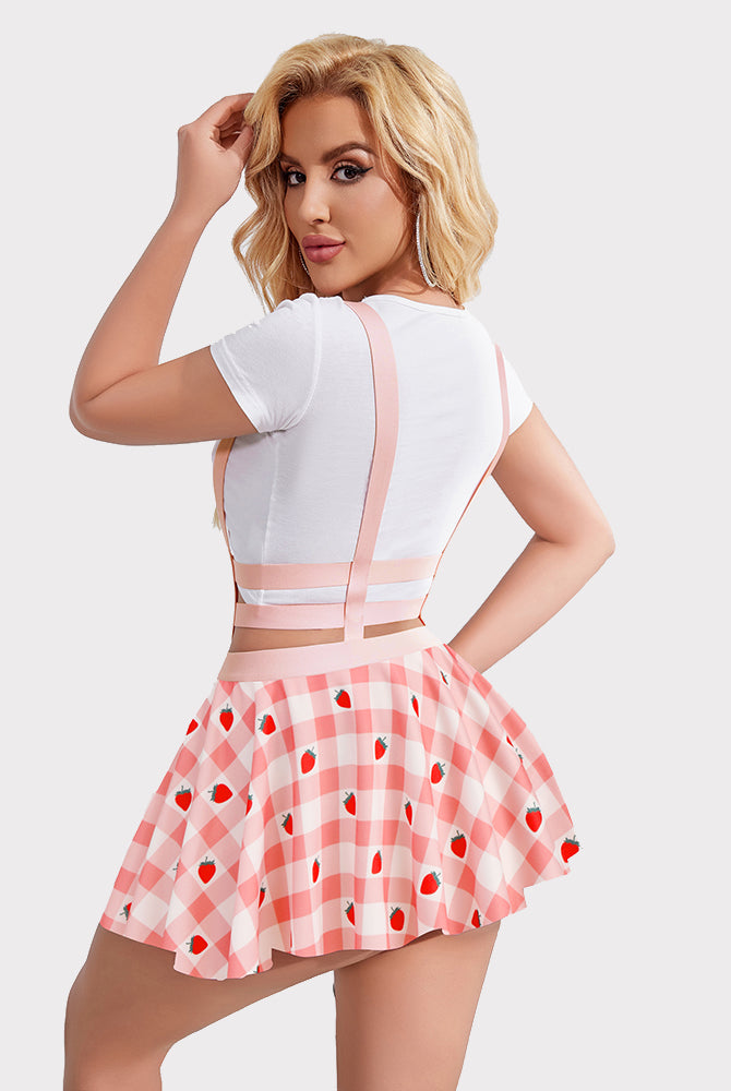 A-Line skirt with strawberry print and suspenders. Pink checked mini skirt, cute and charming.