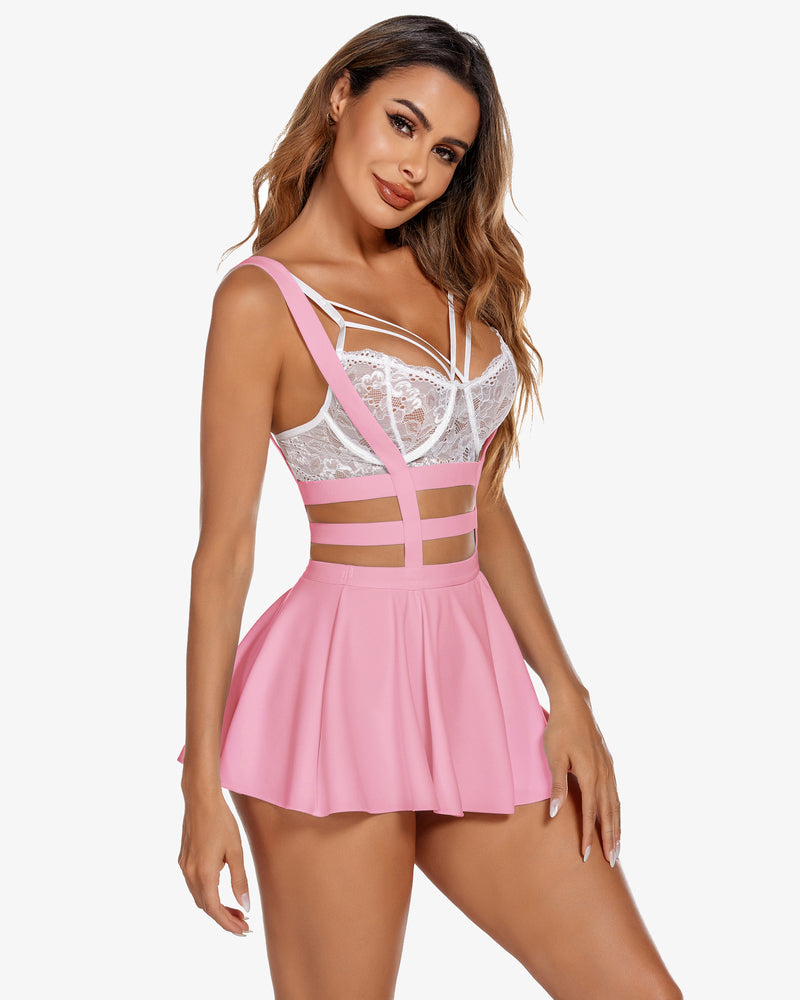 Pink A-line suspender skirt lingerie set. Strappy, sexy design, A-line skirt for a flattering look.