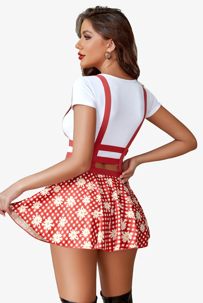 A-line suspender pleated skirt, red and white gingham daisy print, side view straps.
