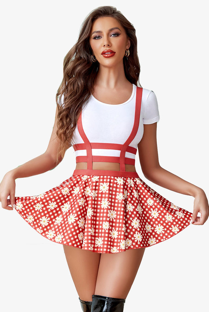 Red daisy pleated mini skirt with suspenders. Sexy A-line fit, elastic waistband for confident women.