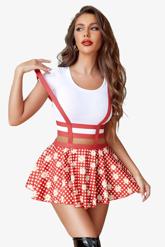 Sexy Avidlove A-line pleated skirt set: red daisy checkered skirt with suspenders, white top