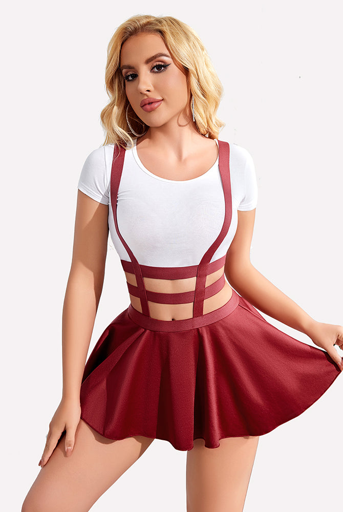 A-line pleated skirt with suspenders in red, white top, sexy Avidlove style.