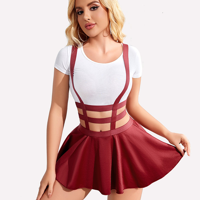 A-line pleated skirt with suspenders in red, white top, sexy Avidlove style.