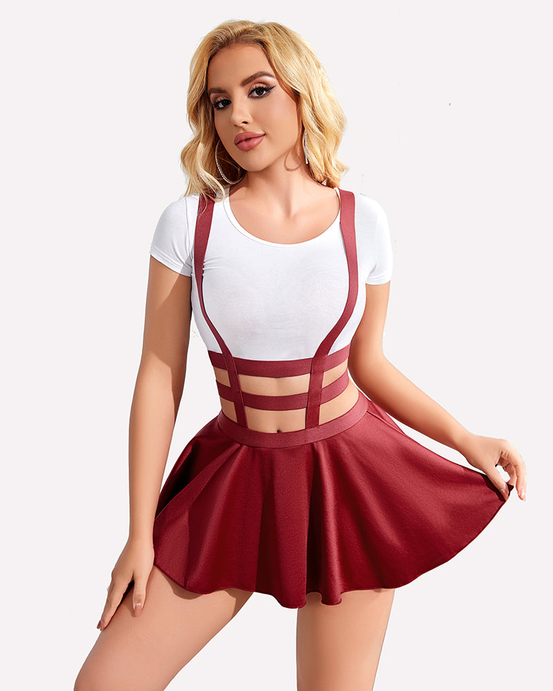A-line pleated skirt with suspenders in red, white top, sexy Avidlove style.