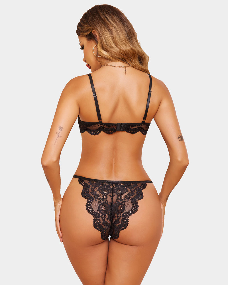 Black floral lace lingerie set. Sexy underwire bra and panty. Perfect for romantic nights.