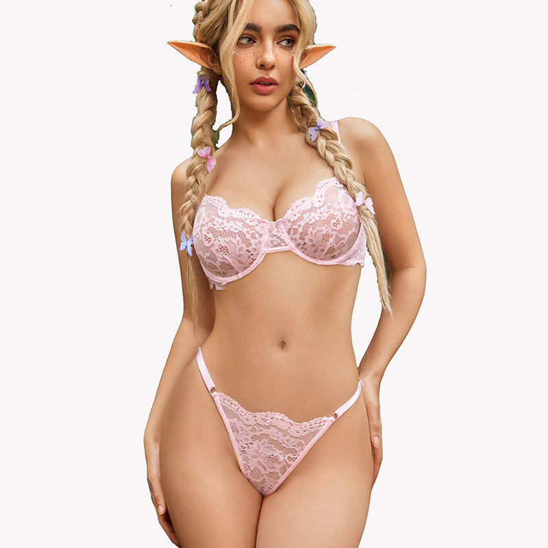 Pink floral lace underwire bra and panty set with adjustable straps. Sexy lingerie for confidence.